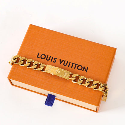 Louis Vuitton Gold-Tone Monogram Plate Chain Bracelet