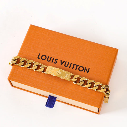 Louis Vuitton Gold-Tone Monogram Plate Chain Bracelet