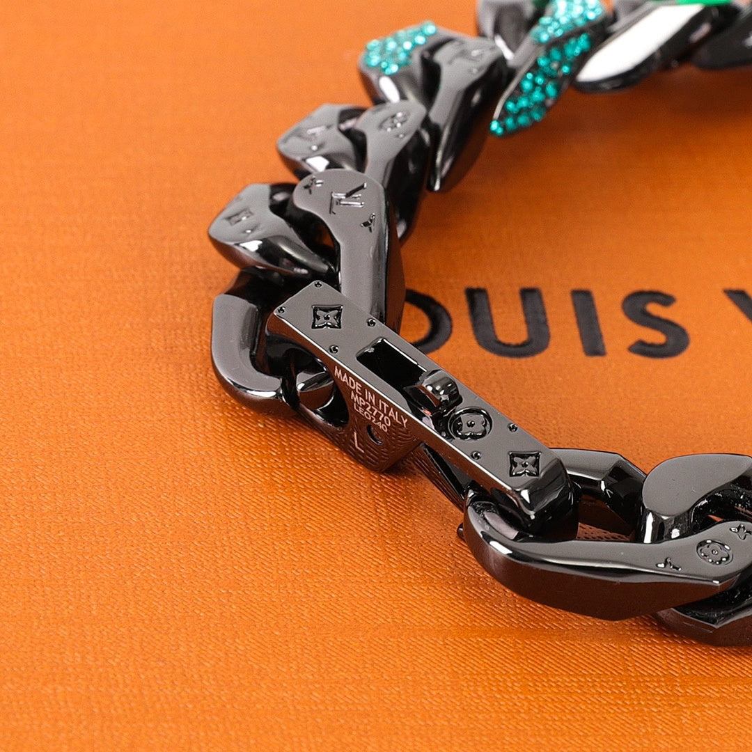 Louis Vuitton Black Chain Bracelet with Green LV Logo