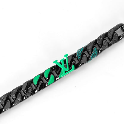 Louis Vuitton Black Chain Bracelet with Green LV Logo