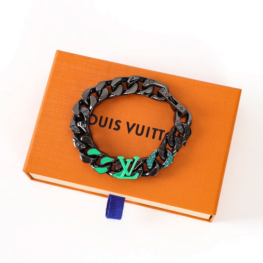 Louis Vuitton Black Chain Bracelet with Green LV Logo
