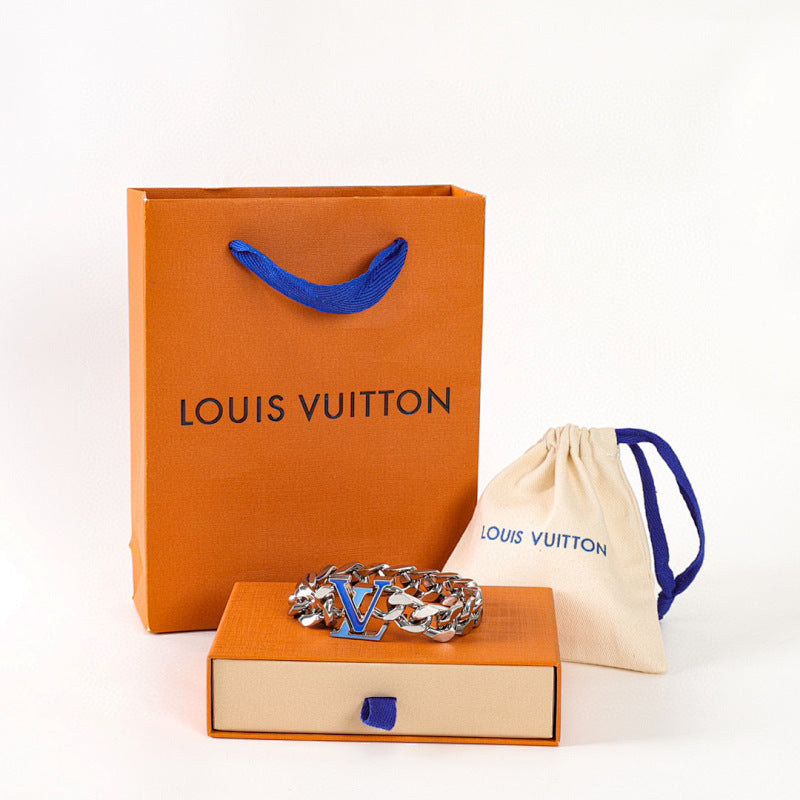 Louis Vuitton Silver-Tone Chain Bracelet with Blue LV Logo