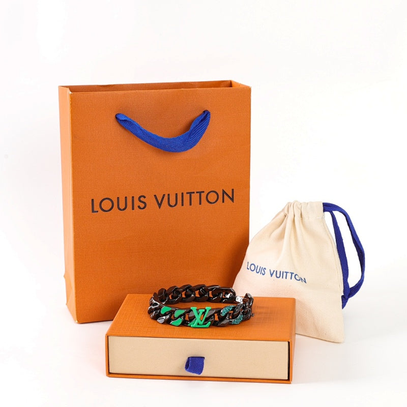Louis Vuitton Black Chain Bracelet with Green LV Logo