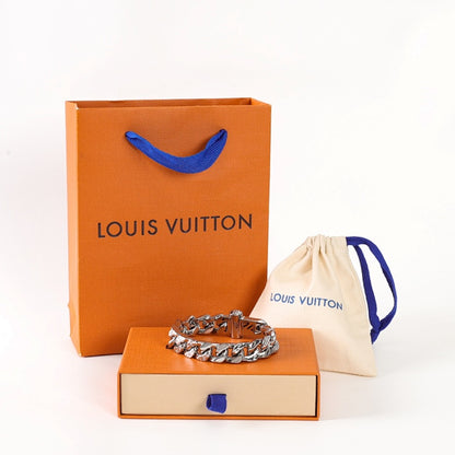 Louis Vuitton Silver-Tone Monogram Curb Chain Bracelet