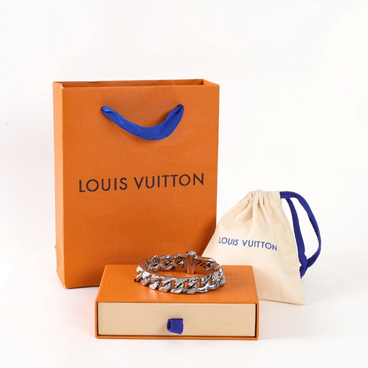 Louis Vuitton Silver-Tone Monogram Curb Chain Bracelet