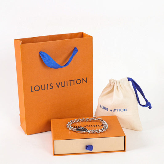 Louis Vuitton Silver-Tone Chain Bracelet with Black LV Plate