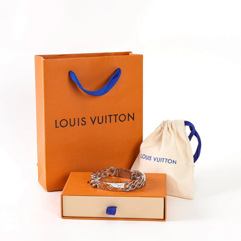 Louis Vuitton Silver-Tone Monogram Plate Chain Bracelet