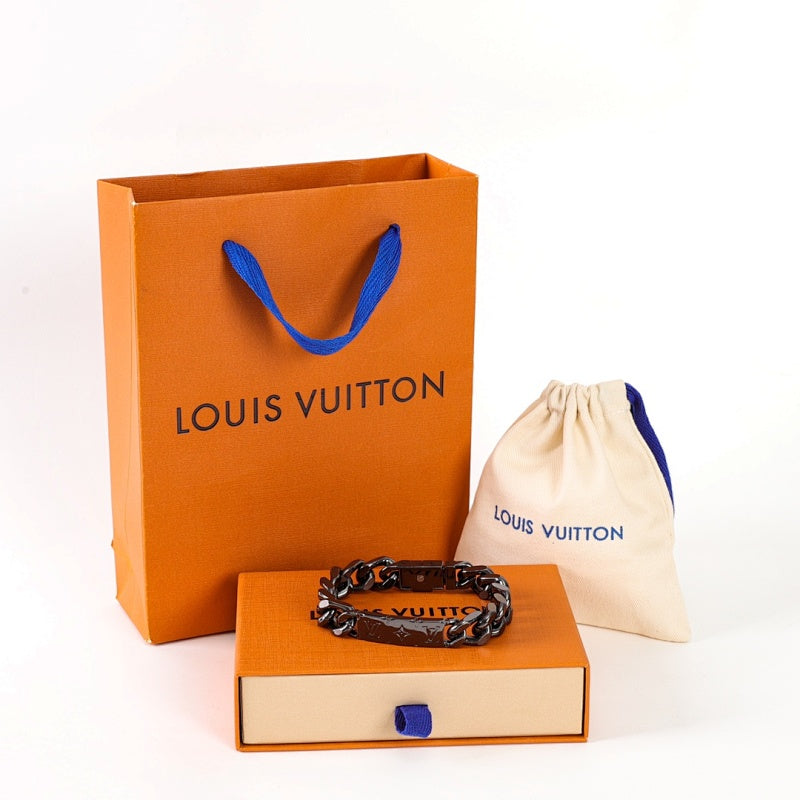 Louis Vuitton Black-Tone Monogram Plate Chain Bracelet