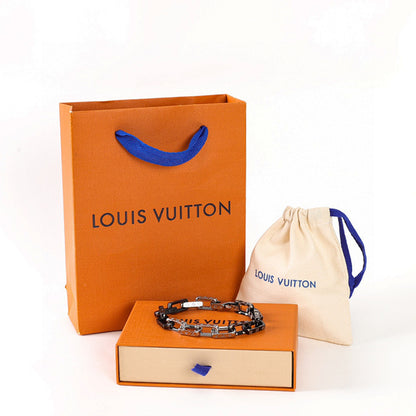 Louis Vuitton Black & Silver-Tone Monogram Link Bracelet