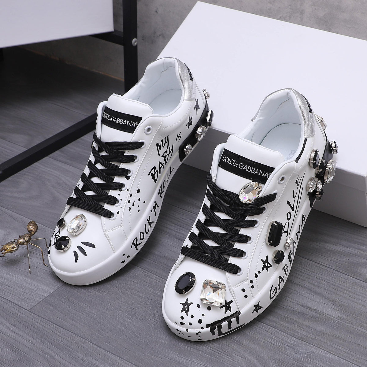 Dolce & Gabbana Portofino SNK Graffiti Crystal-Embellished Sneakers – White & Black