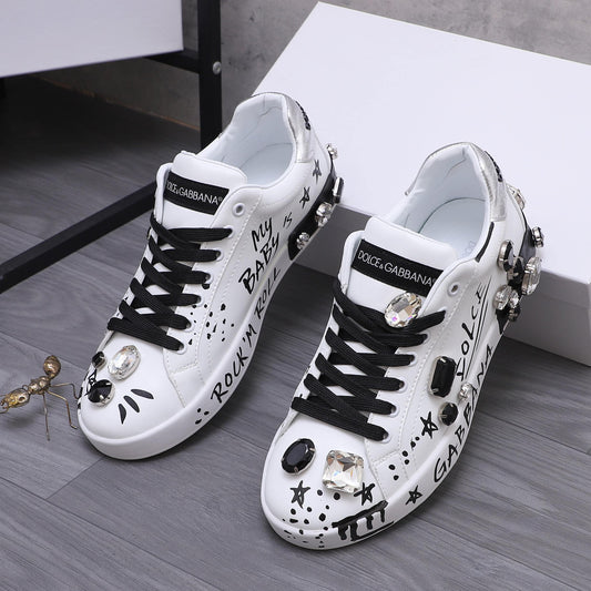Dolce & Gabbana Portofino SNK Graffiti Crystal-Embellished Sneakers – White & Black