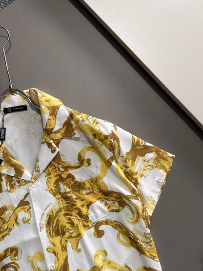 Versace Barocco White & Gold Scrollwork Short-Sleeve Shirt