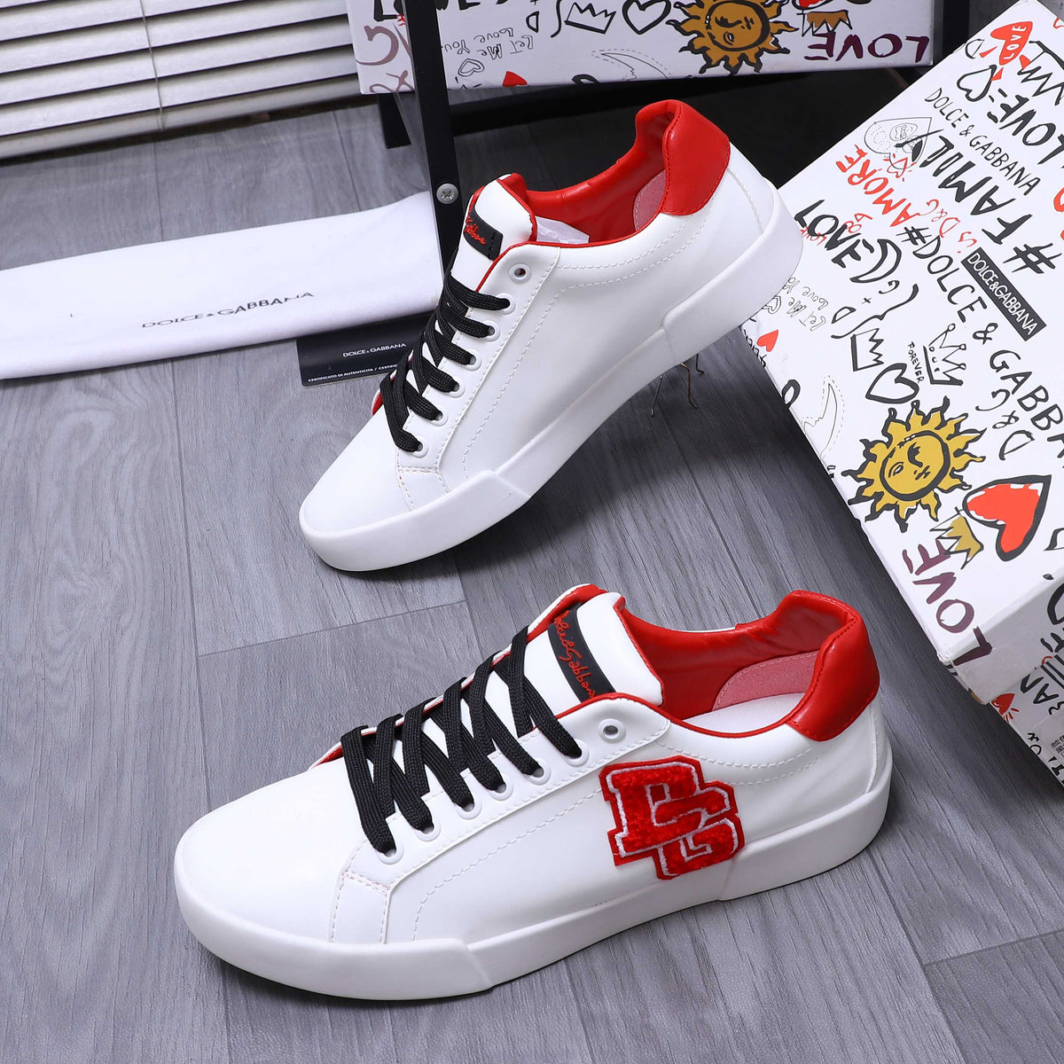 Dolce & Gabbana Portofino Low-Top Sneakers – White & Red
