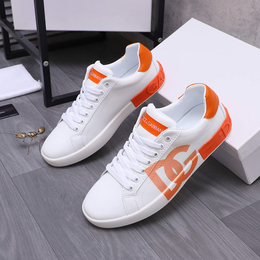 Dolce & Gabbana Portofino DG Logo Low-Top Sneakers – White & Orange
