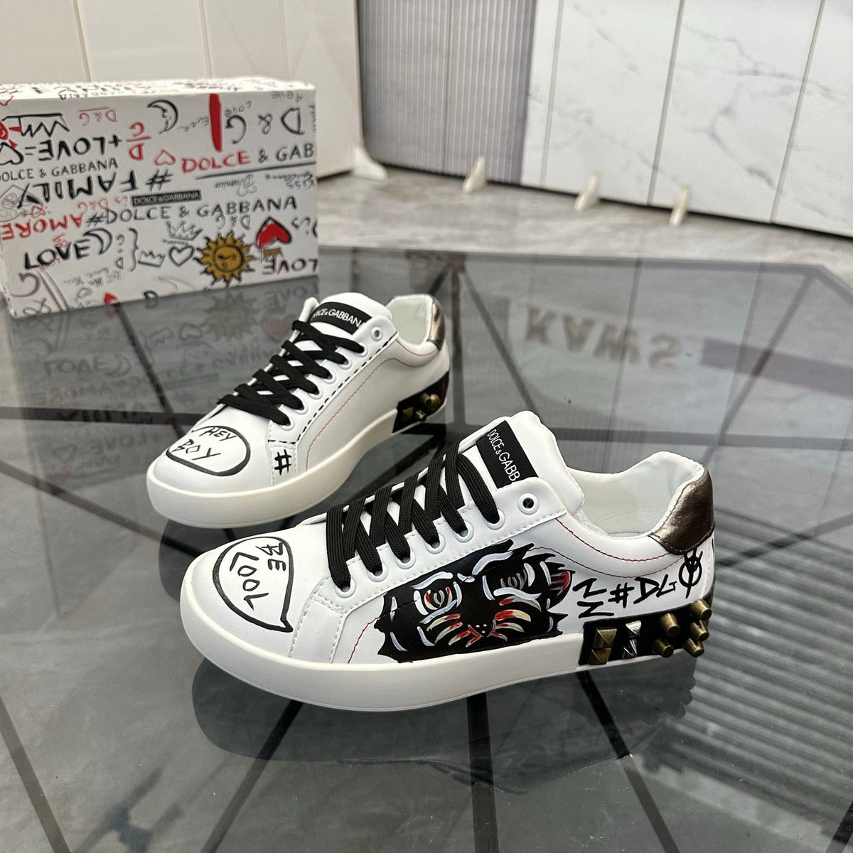 Dolce & Gabbana Portofino SNK "Hey Boy / Be Cool" Graffiti Sneakers – White & Black