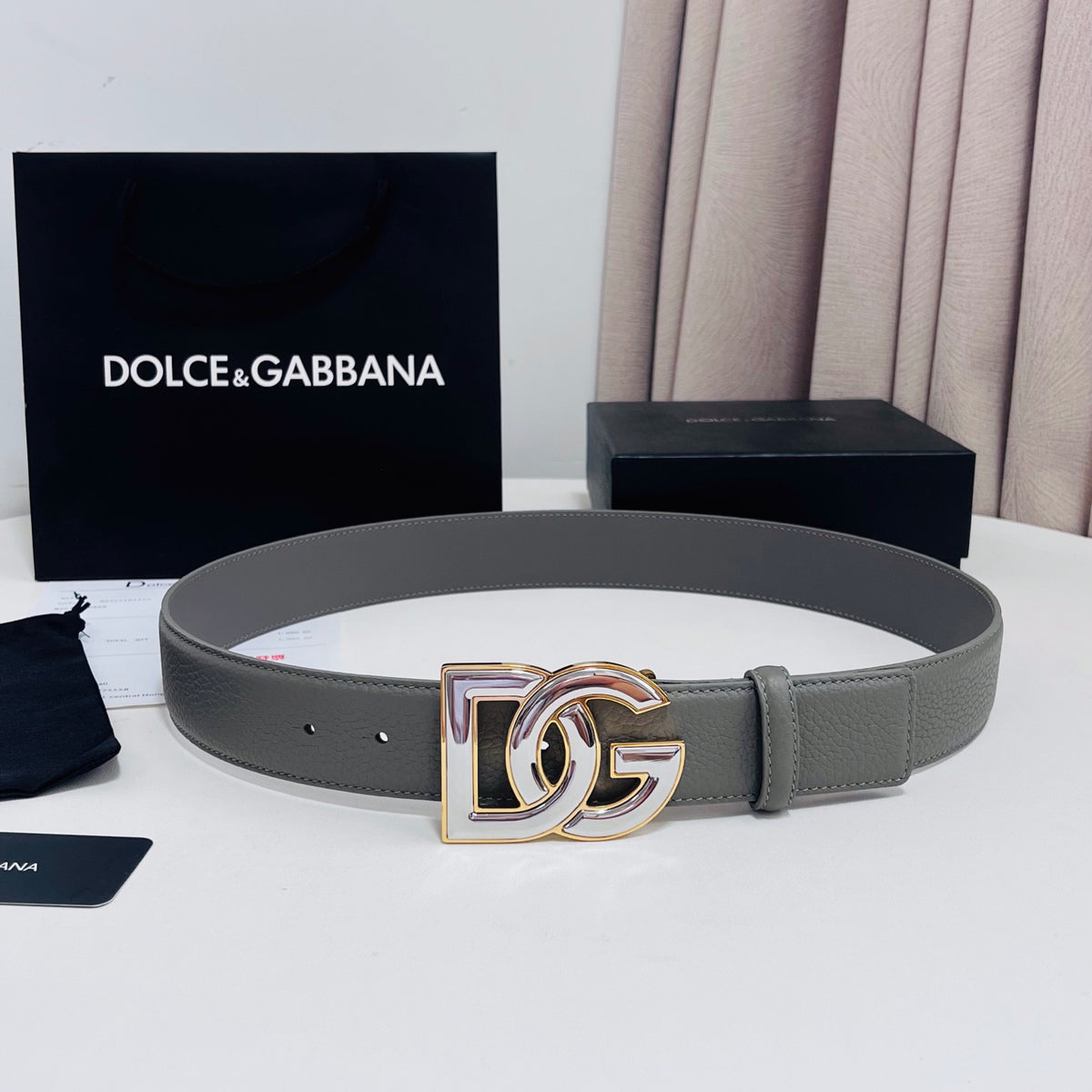 Dolce & Gabbana DG Logo Belt – Grey / Pearl & Gold Buckle