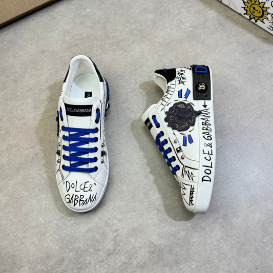 Dolce & Gabbana Portofino Graffiti Art Low-Top Sneakers – White & Blue