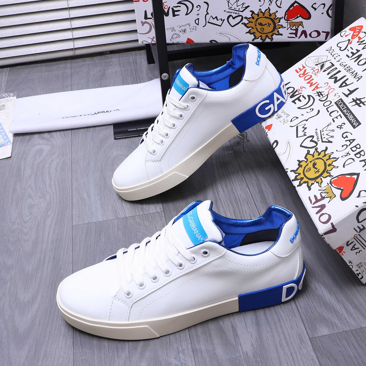 Dolce & Gabbana Portofino Low-Top Sneakers – White & Royal Blue
