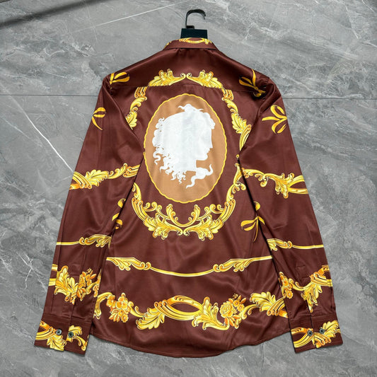 Versace Baroque Gold Scrollwork & Cameo Long-Sleeve Shirt