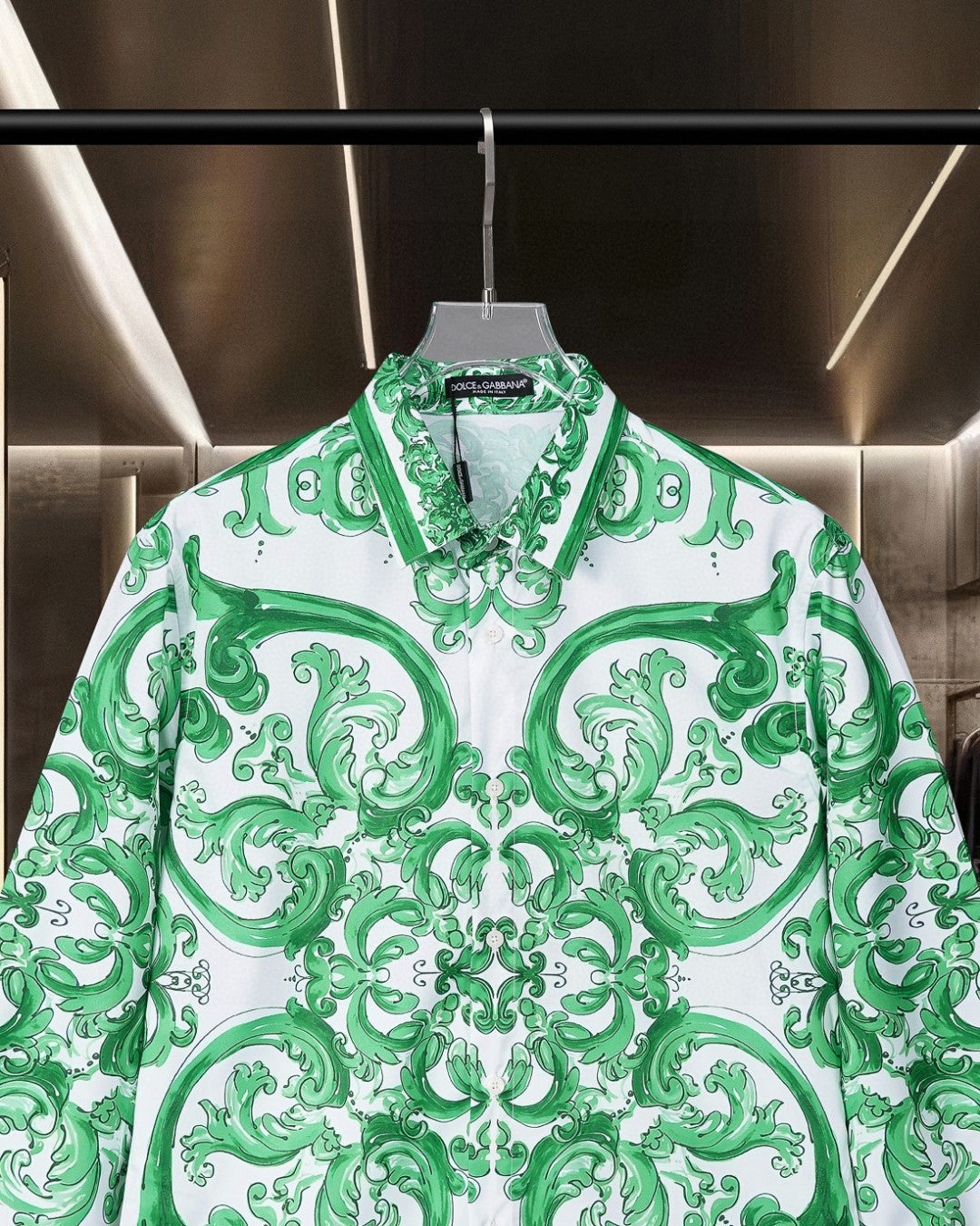 Dolce & Gabbana Long-Sleeve Shirt with Green Majolica Digital Print