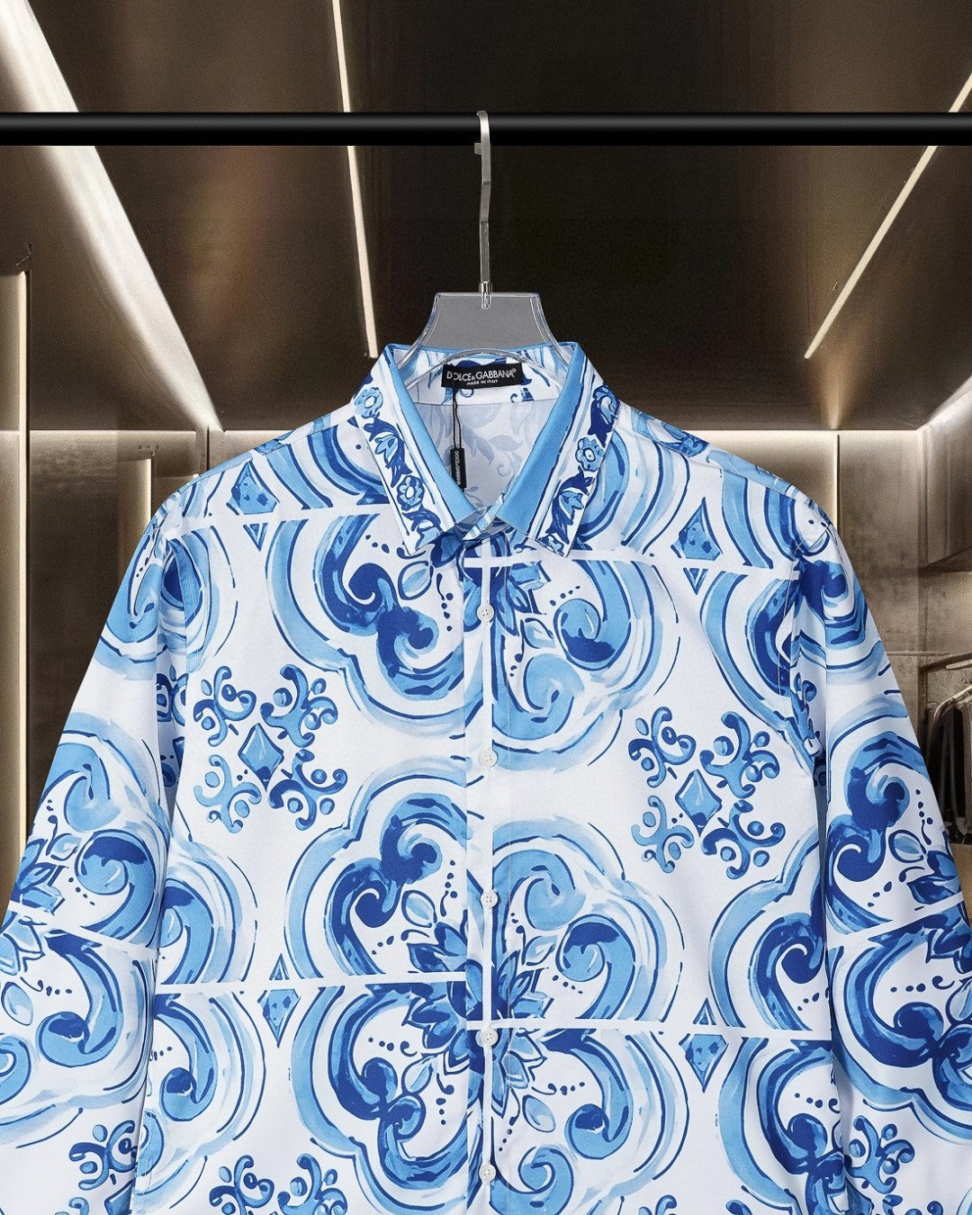 Dolce & Gabbana Long-Sleeve Shirt with Blue Majolica Digital Print