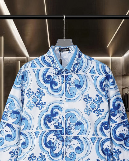Dolce & Gabbana Long-Sleeve Shirt with Blue Majolica Digital Print
