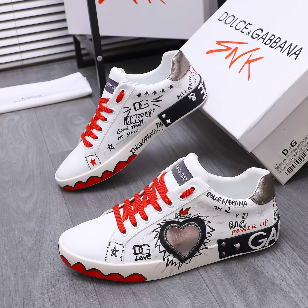 Dolce & Gabbana Portofino SNK Graffiti Art Low-Top Sneakers – White & Red