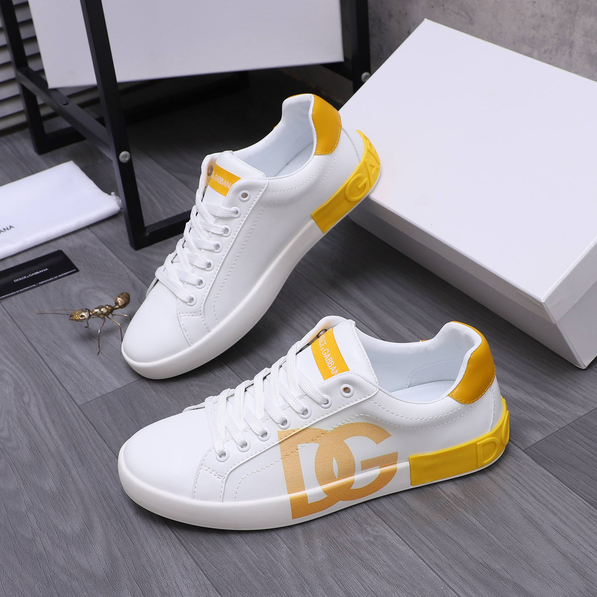 Dolce & Gabbana Portofino DG Logo Low-Top Sneakers – White & Yellow