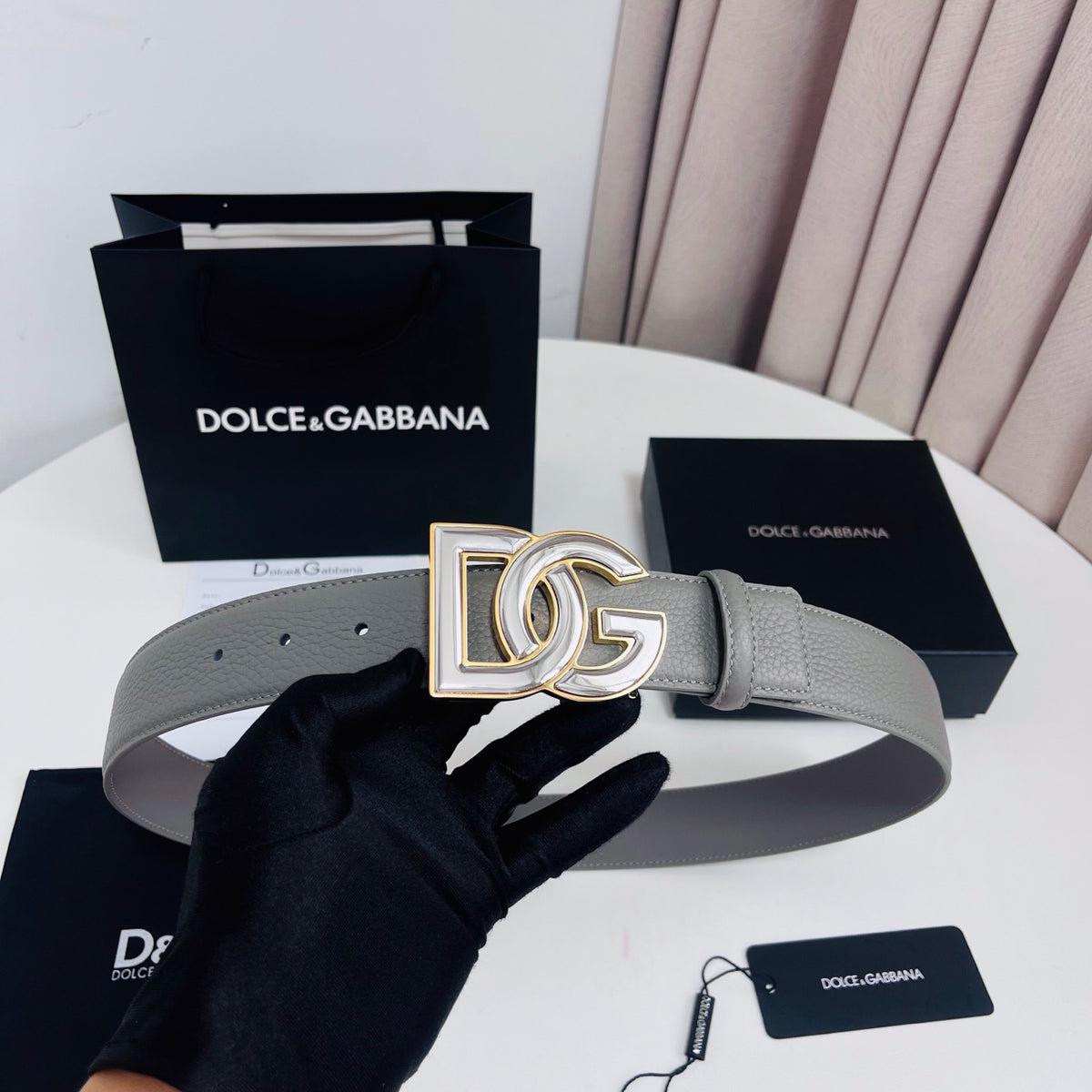 Dolce & Gabbana DG Logo Belt – Grey / Pearl & Gold Buckle