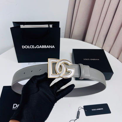 Dolce & Gabbana DG Logo Belt – Grey / Pearl & Gold Buckle