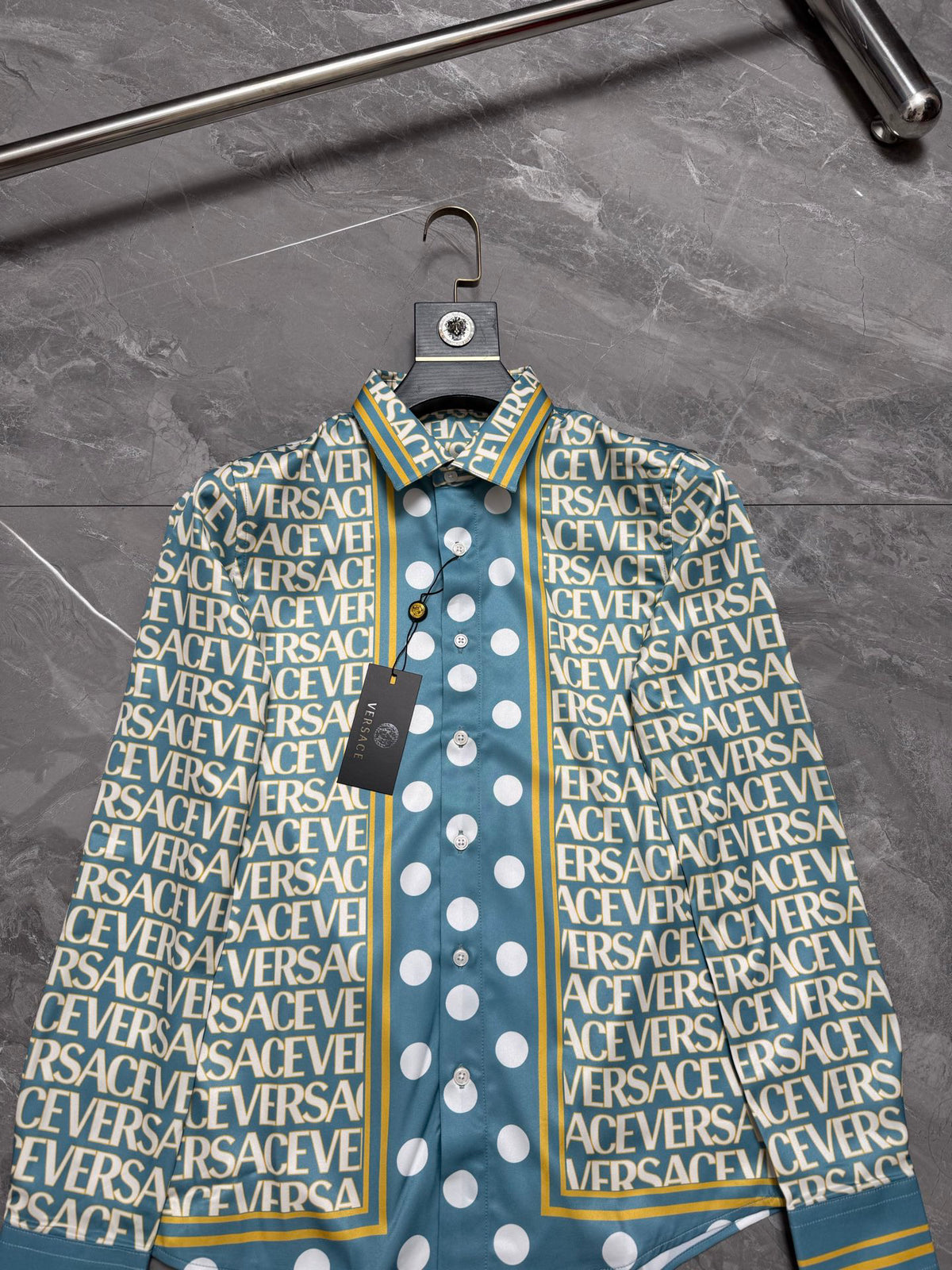 Versace Allover Logo & Polka Dot Panel Long-Sleeve Shirt