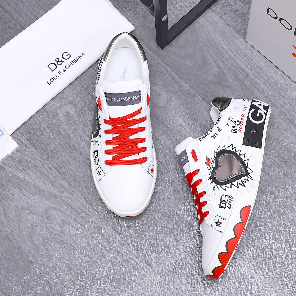 Dolce & Gabbana Portofino SNK Graffiti Art Low-Top Sneakers – White & Red