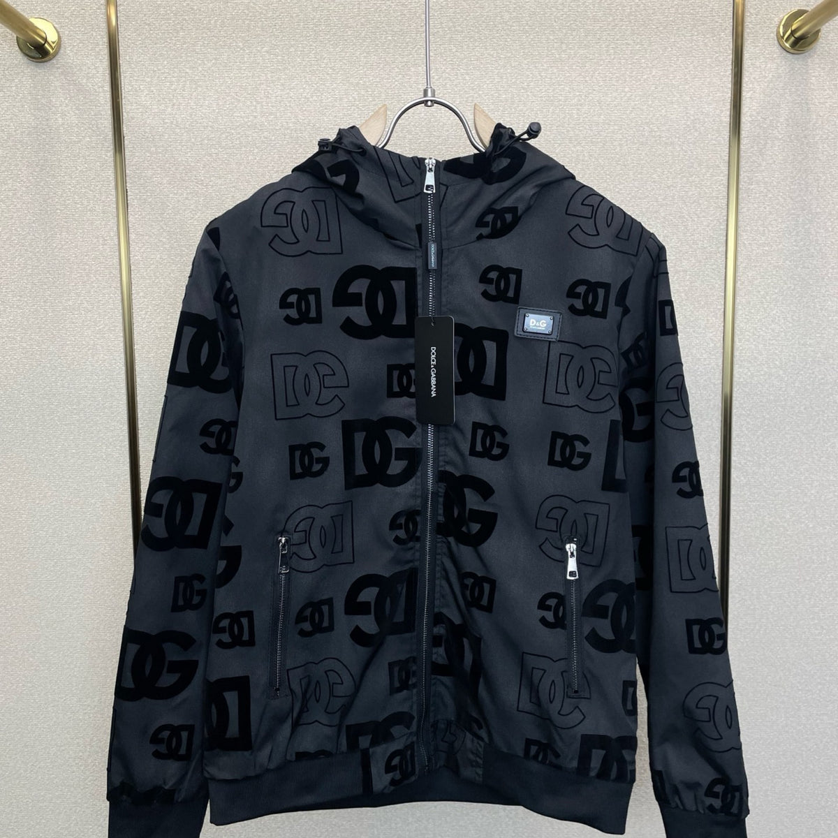 Dolce & Gabbana All-Over DG Logo Flocked Hooded Zip Jacket | Black / White