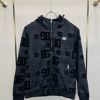 Dolce & Gabbana All-Over DG Logo Flocked Hooded Zip Jacket | Black / White