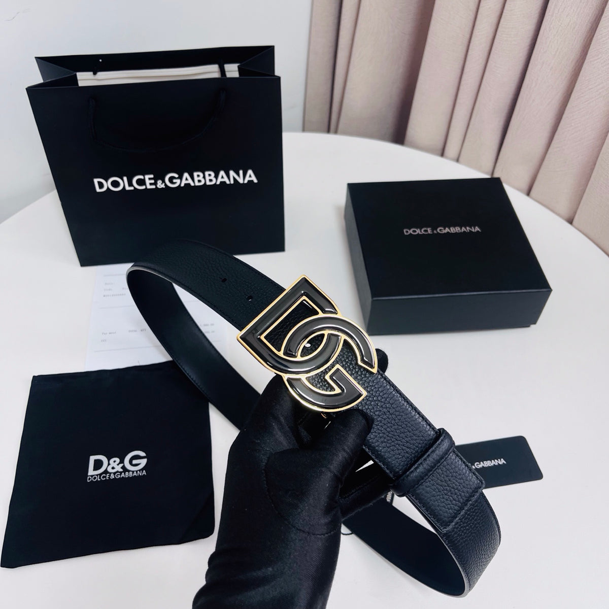 Dolce & Gabbana DG Logo Belt – Black / Black & Gold Buckle