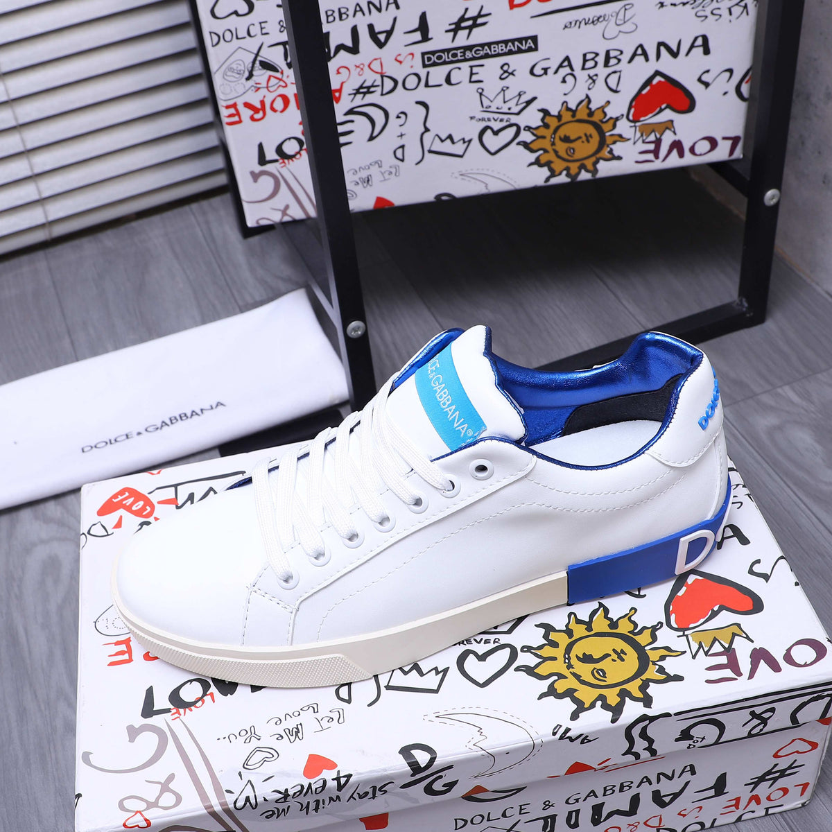 Dolce & Gabbana Portofino Low-Top Sneakers – White & Royal Blue