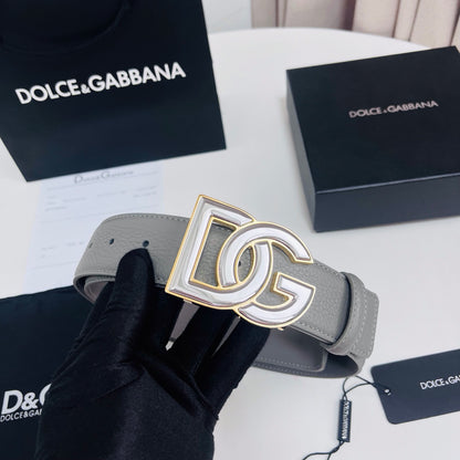 Dolce & Gabbana DG Logo Belt – Grey / Pearl & Gold Buckle