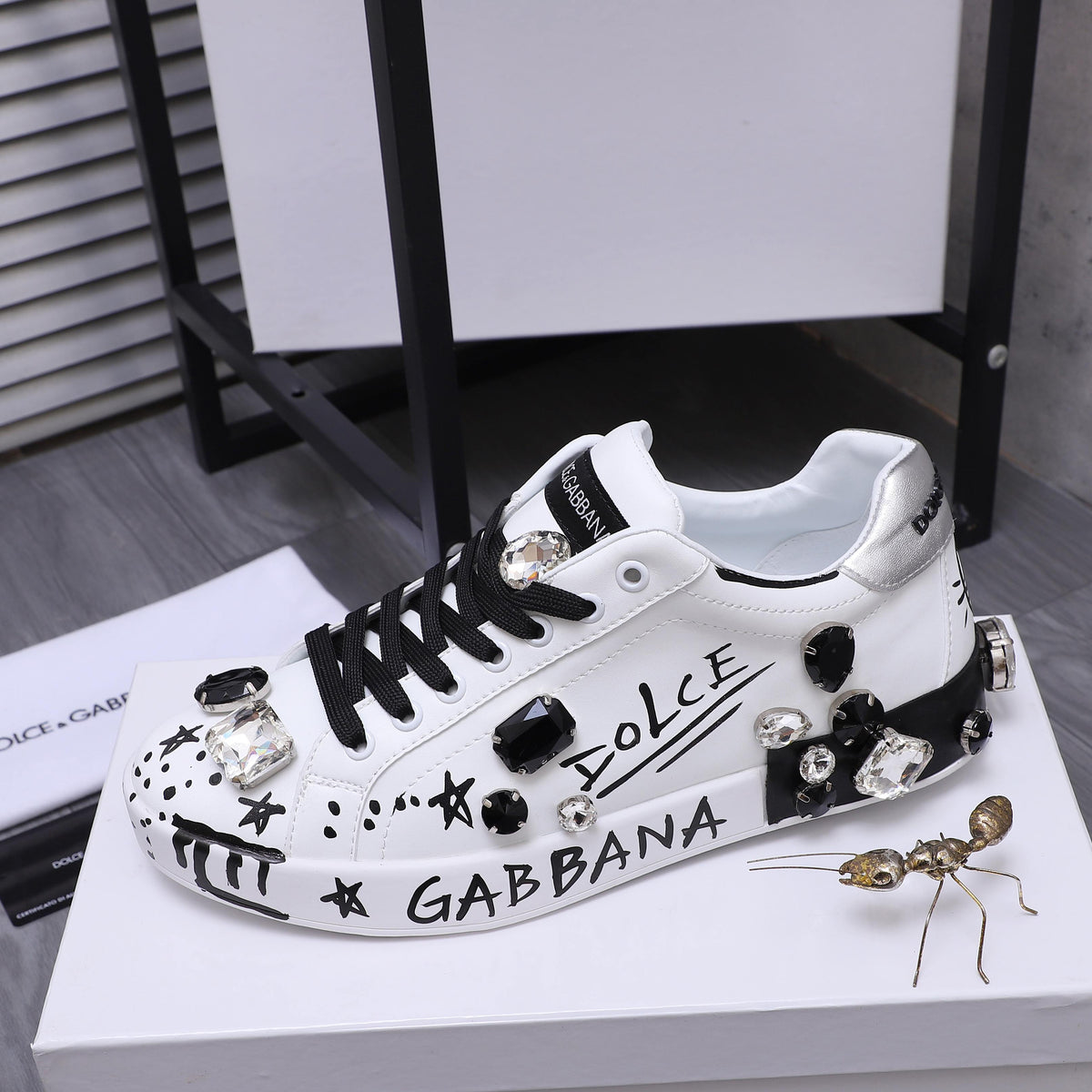 Dolce & Gabbana Portofino SNK Graffiti Crystal-Embellished Sneakers – White & Black
