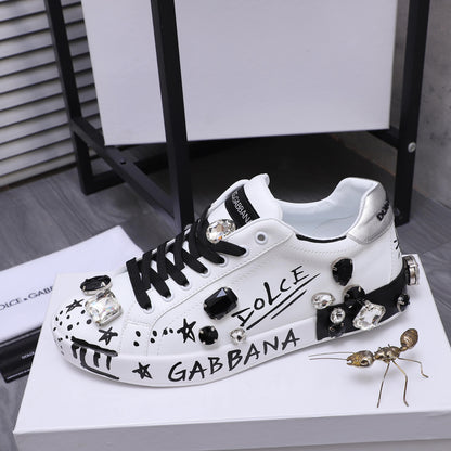 Dolce & Gabbana Portofino SNK Graffiti Crystal-Embellished Sneakers – White & Black