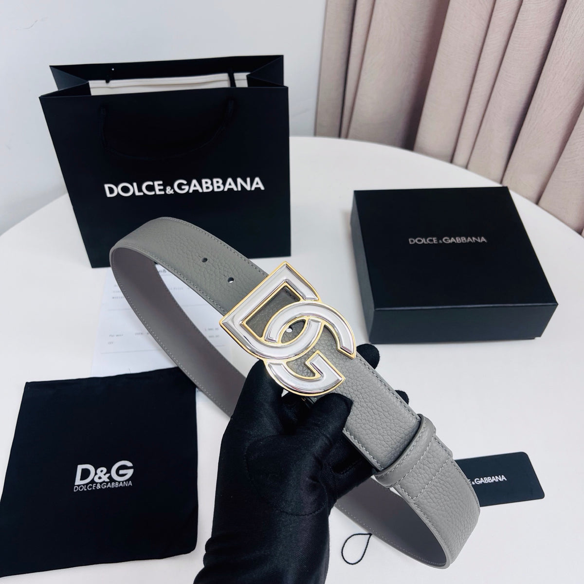 Dolce & Gabbana DG Logo Belt – Grey / Pearl & Gold Buckle