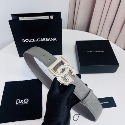 Dolce & Gabbana DG Logo Belt – Grey / Pearl & Gold Buckle
