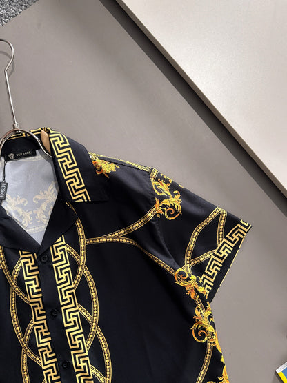 Versace Barocco Gold Print Short-Sleeve Shirt