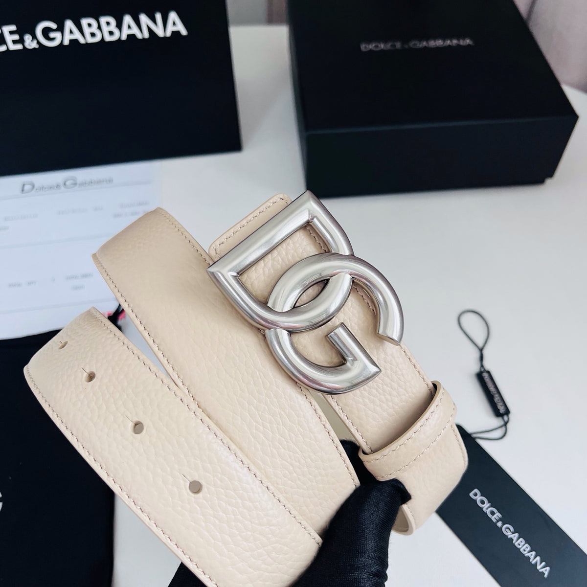 Dolce & Gabbana DG Logo Belt – Cream / Silver Buckle Belt width 3.5 cm
