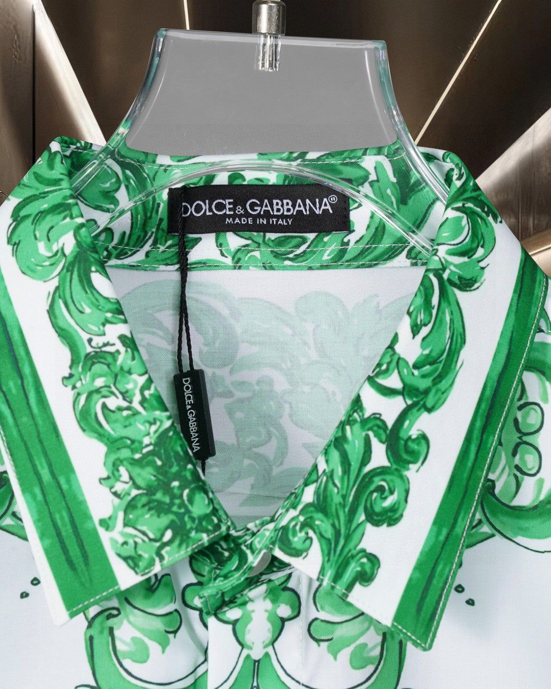 Dolce & Gabbana Long-Sleeve Shirt with Green Majolica Digital Print