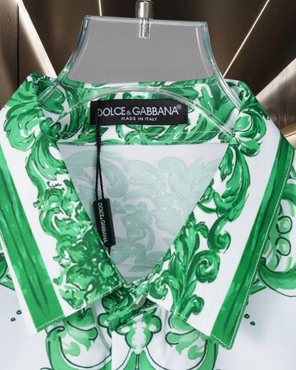 Dolce & Gabbana Long-Sleeve Shirt with Green Majolica Digital Print