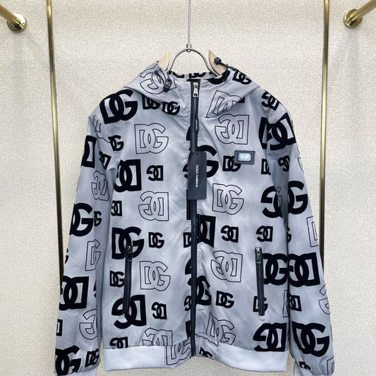 Dolce & Gabbana All-Over DG Logo Flocked Hooded Zip Jacket | Black / White