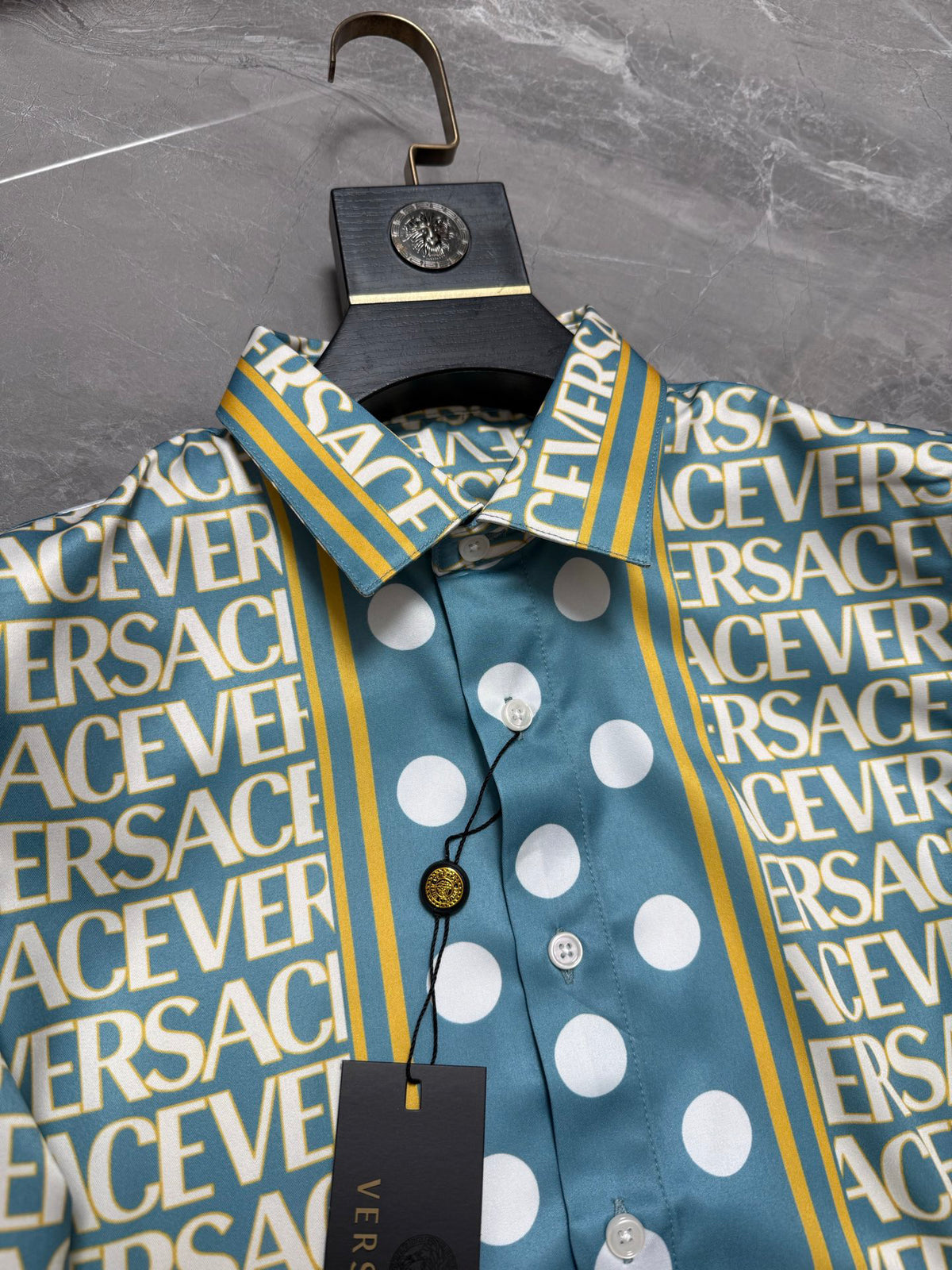 Versace Allover Logo & Polka Dot Panel Long-Sleeve Shirt