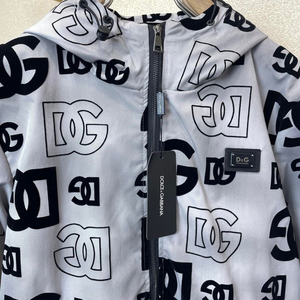 Dolce & Gabbana All-Over DG Logo Flocked Hooded Zip Jacket | Black / White
