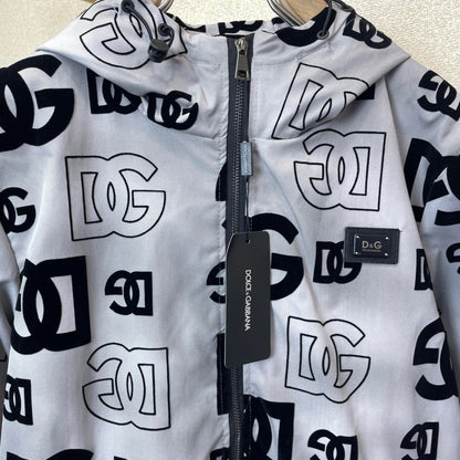 Dolce & Gabbana All-Over DG Logo Flocked Hooded Zip Jacket | Black / White