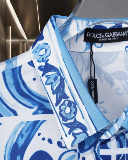 Dolce & Gabbana Long-Sleeve Shirt with Blue Majolica Digital Print